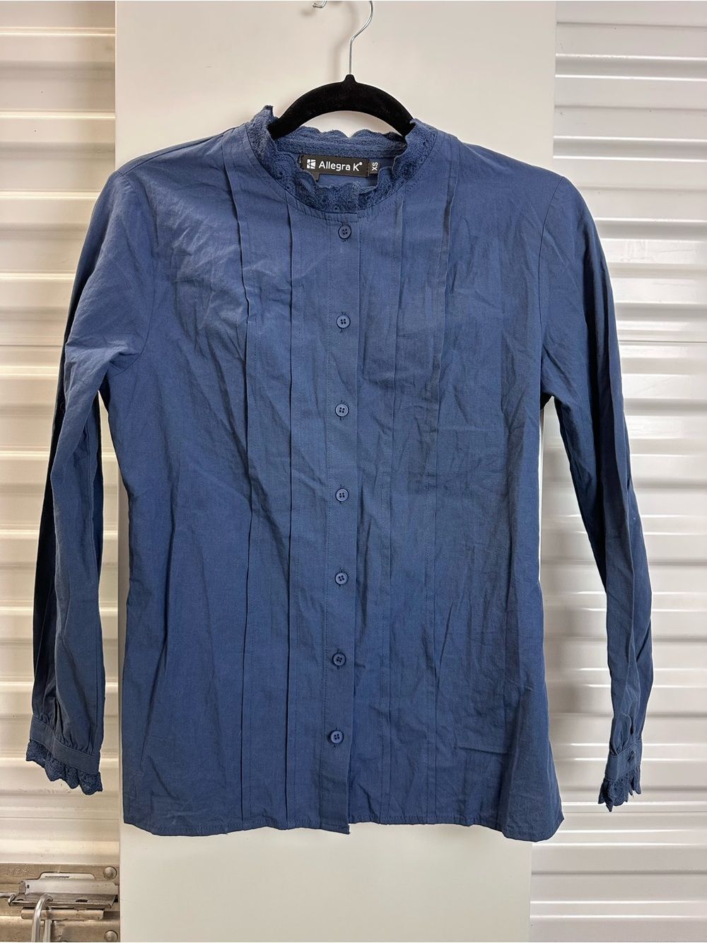 Allegra K Navy Lace-Trim Round-Neck Blouse